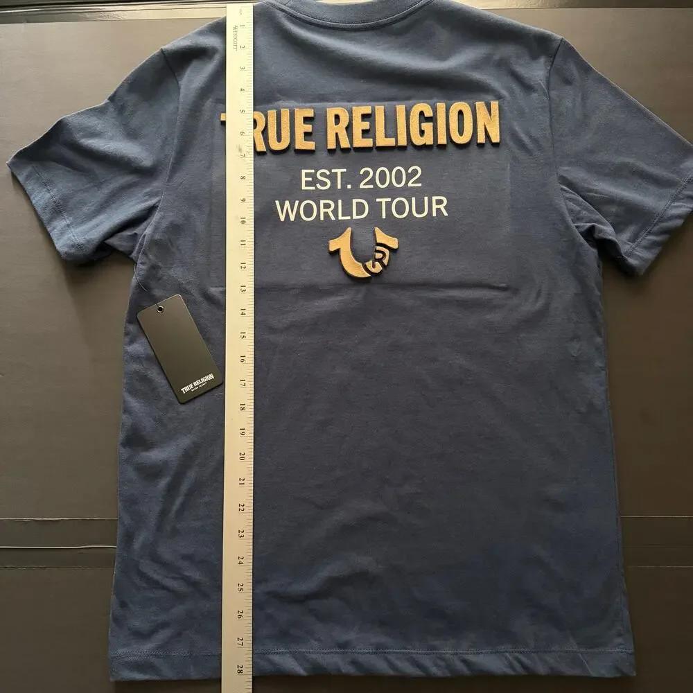 True Religion World Tour Crew Tee Mens M Dress Blue NWT Horseshoe Logo 700163